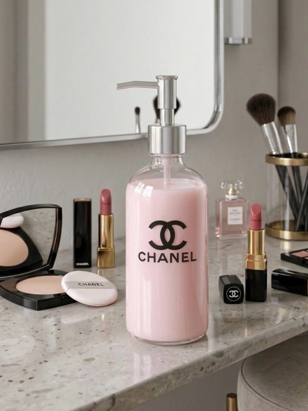 Clear Plastic Dispenser with Black Logo and Silver Pump